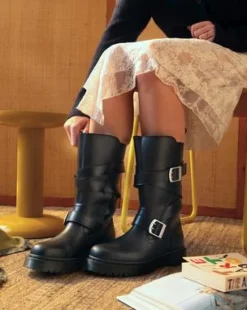 Botas moteras Anistone de piel con 2 tiras in Negro